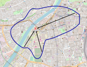 Karte Innsbrucks mit Herkunft von 80% der gefundenen VOC und Hauptwindrichtungen.