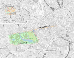 Karte von London, schwarz-weiß. Farblich markiert Hyde Park und Oxford Street.