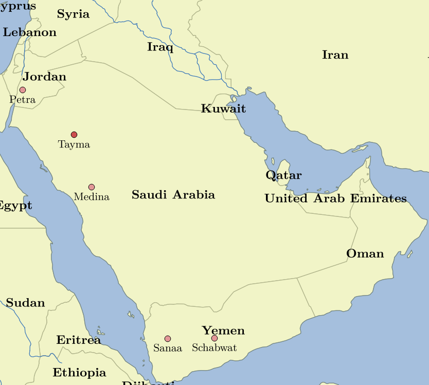 Karte der Arabischen Halbinsel mit Stationen der Weihrauchstrasse