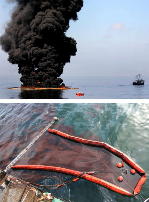 Bekämpfung der "Deepwater Horizon"-Ölpest durch Verbrennung (oben) und Absaugen (unten)
