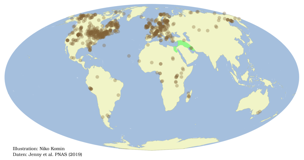 Karte der Herkunft der Bohrkernen. Ungleichmäßig über die Erde verteilt, verraten sie die Bodenerosion vor allem in Nordamerika und in Europa.