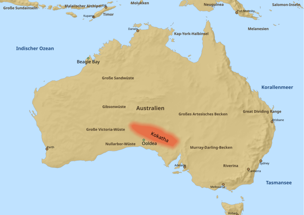 Karte Australiens mit Verbreitung der Kokatha und Wirkstätten Daisy Bates'.