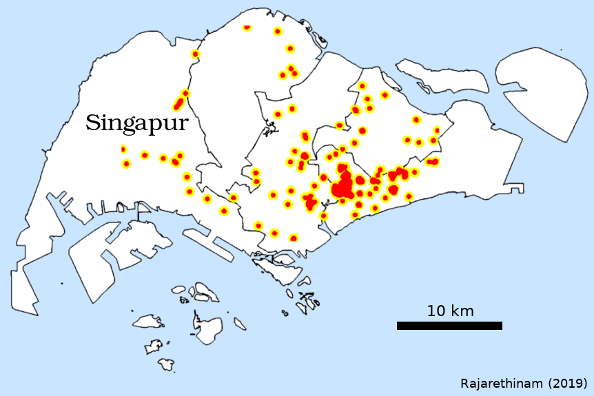 Karte von Singapur mit Zikafällen (2016). Das Ausgangsbiet ist der rote Fleck mittig rechts.