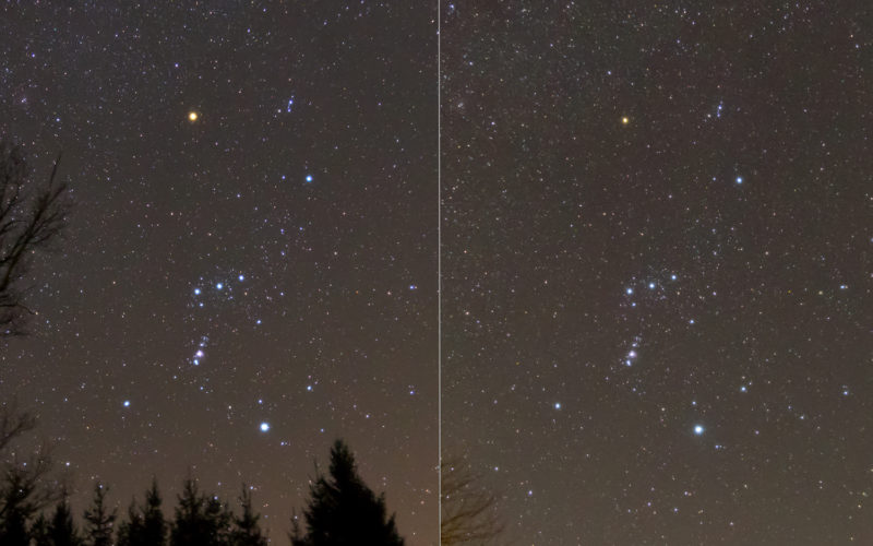 Zwei Aufnahmen des Sternbildes Orion. Im Februar 2012 (links) leuchtete der rote Schulterstern wesentlich heller als am 21.2.2020 (rechts).