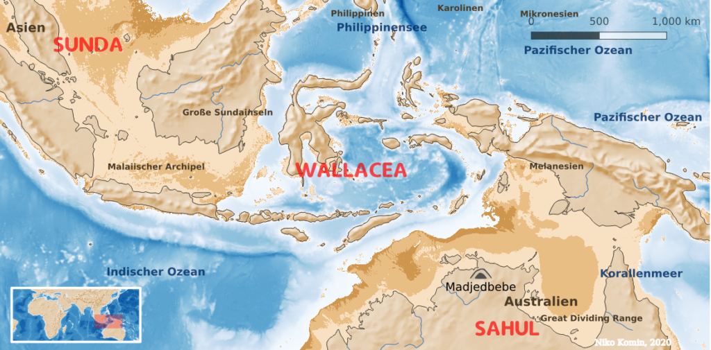 Karte mit verschiedenen Küstenlinien. Südostasiatischer Festlandssockel "Sunda", australischer Sockel "Sahul" und die Inseln von Wallacea dazwischen.