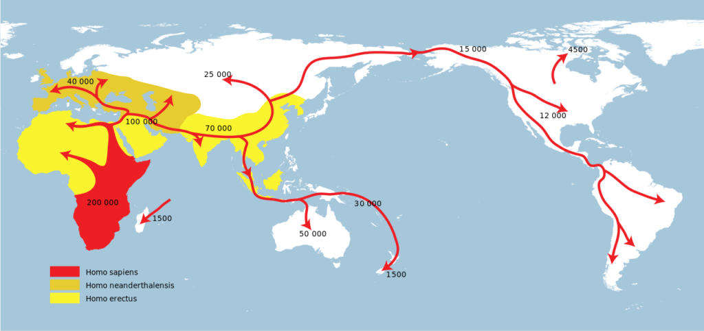 Weltkarte mit dem Ausbreitungsweg des modernen Menschen.