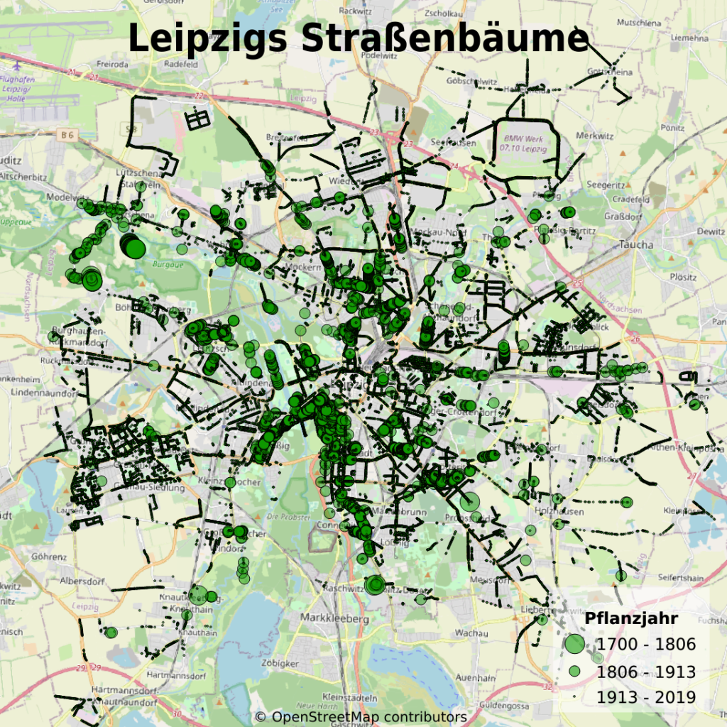 Karte von Leipzig mit allen Straßenbäumen.