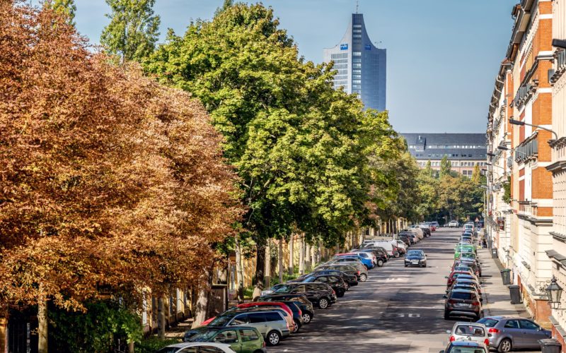 Blick entlang einer Straße. Die Hälfte des Bildes ist eingenommen von Straßenbäumen am linken Straßenrand. Fluchtpunkt in rechter Bildhälfte auf mittlerer Höhe. Häuserzeile am rechten Straßenrand. Straße voll geparkt mit Autos.