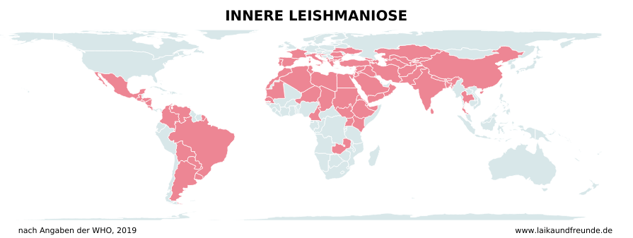 Weltkarte. Die Länder, in denen Parasiten der inneren Leishmaniose heimisch ist (rot) liegen vor allem in Südeuropa, Nord- und Ostafrika, Süd- und Mittelamerika sowie Asien.