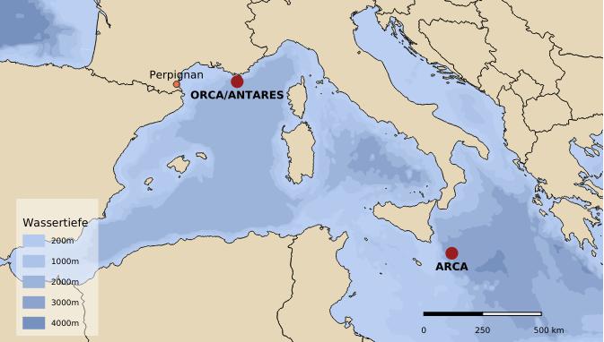 Karte des westlichen Mittelmeers. ORCA und ARCA sind die beiden Standorte von KM3NeT.
