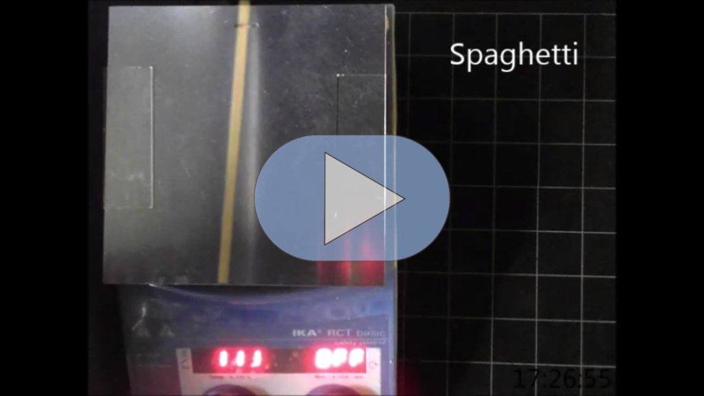 Screenshot aus Video zeigt die warme Metallplatte auf der eine Spaghetti liegt. Unten rot leuchtende Zahlen.