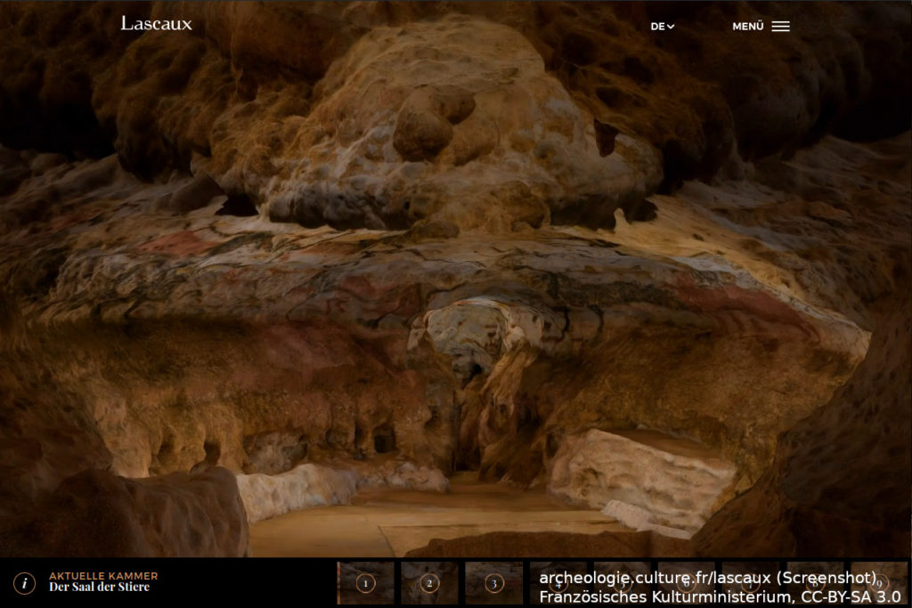 Blick in den "Saal der Stiere" der Höhle von Lascaux. Screenshot
von archeologie.culture.fr/lascaux des Französcischen
Kulturministeriums (CC-BY-SA 3.0).