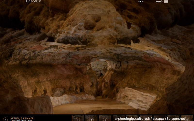 Blick in den "Saal der Stiere" der Höhle von Lascaux. Screenshot von archeologie.culture.fr/lascaux des Französcischen Kulturministeriums (CC-BY-SA 3.0).