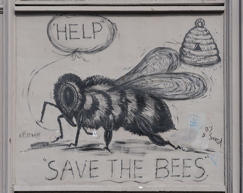 Zeichnung einer Biene an einer Hauswand. Eine Sprechblase sagt "Help", der Untertitel "Save the Bees". Ein Bienenstock weist auf Honigbienen.