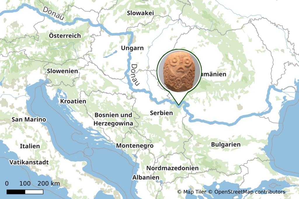 Karte Südosteuropas, zentral Serbien und Rumänien. Eingezeichnet sind der Verlauf der Donau von Deutschland bis zum Schwarzen Meer und die Markierung von Lepenski Vir mit einem Bild der Steinskulptur.