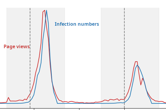 A graphic with two curves. One shows infection numbers and the other shows page views on certain Wikipedia articles. The page views peak shortly before the infection numbers.