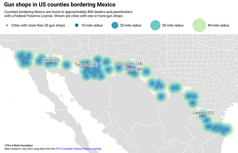 Map of gun shops along the US-Mexico border.